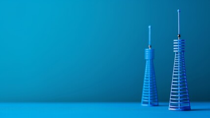 minimalist blue towers on a blue background - modern communication technology abstract concept.