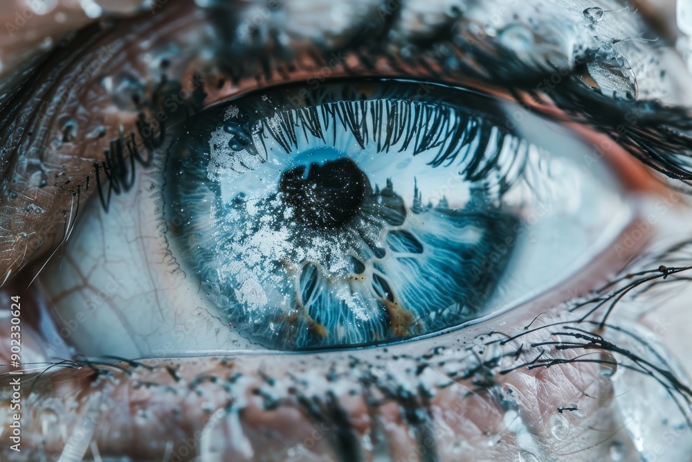 Poster close up of a blue eye with frosty textures symbolizing sharp vision and the integration of natural 