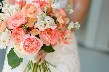 Obraz premium Wedding bouquet of flowers. Background featuring Pale Peach, Light Coral, Deep Black, and Pure White. Perfect for sophisticated and elegant bridal visuals.