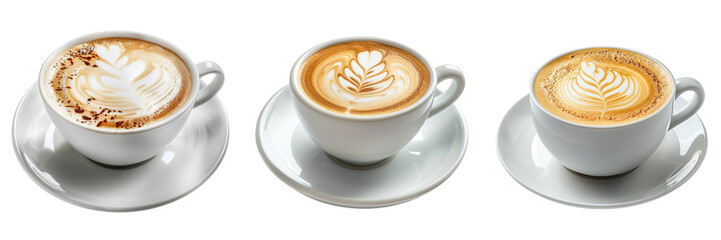 Set of A frothy cappuccino in a white ceramic cup isolated on transparent background  (2)