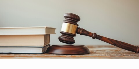 Obraz premium gavel and books - symbol of justice and law - legal concept illustration - wooden gavel on stack of books - justice and law - courtroom concept - judicial system - legal concept - brown wooden gavel