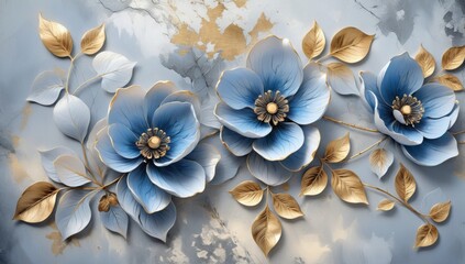 Painting three blue flowers gold leaves are arranged It depicts