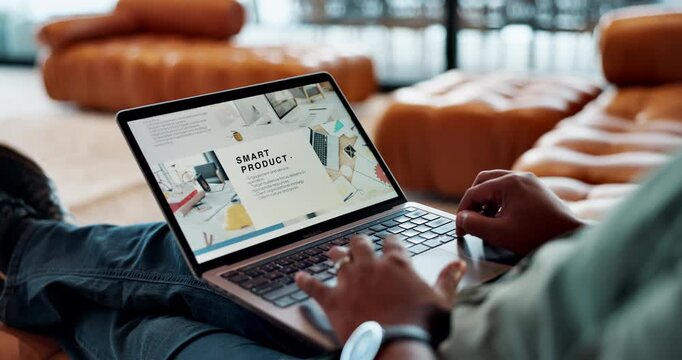 Man hands, laptop and work from home with smart product tutorial and web design for article. Living room, website layout and digital job with creative project and internet research for blog update