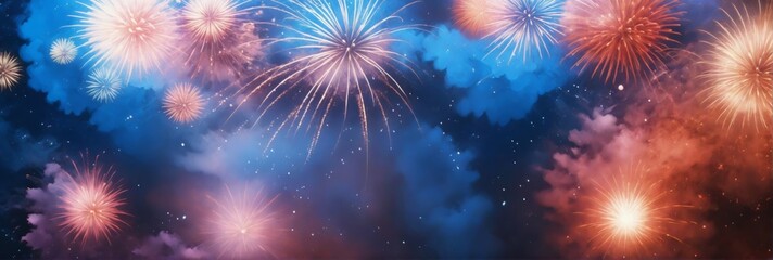 Fototapeta premium Beautiful display fireworks night sky background filled vibrant