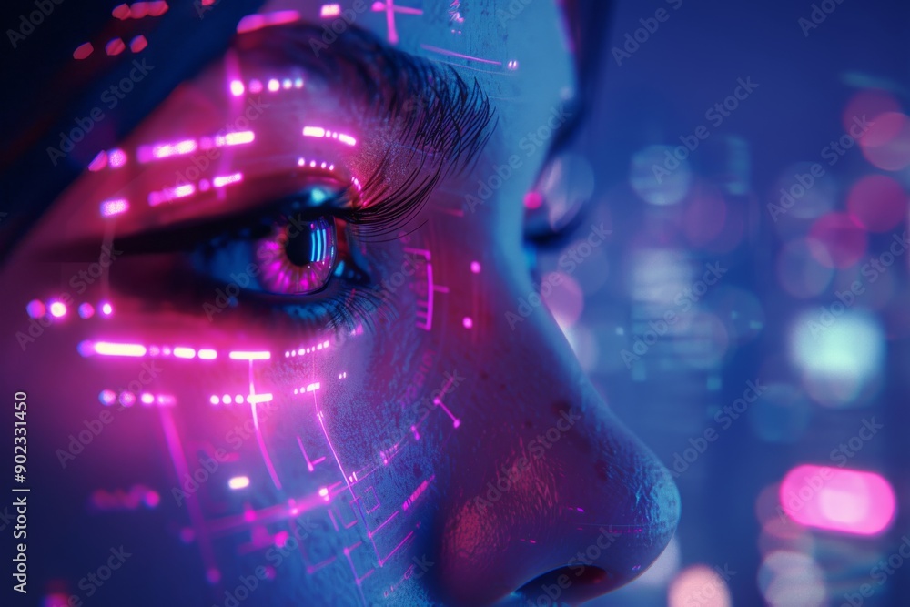 Poster womans face with neon grid patterns emphasizing futuristic aesthetics and the fusion of human featur