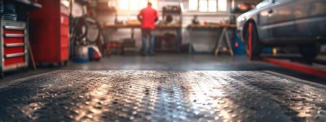 Metal empty table, blurred background with car workshop and worker.