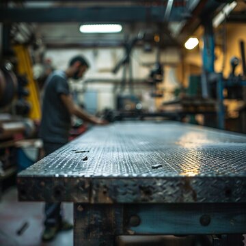 Metal empty table, blurred background with  workshop and worker.