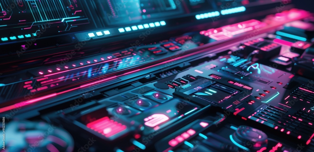 Poster futuristic control panel with neon lights and various buttons in a dark room. concepts of advanced t