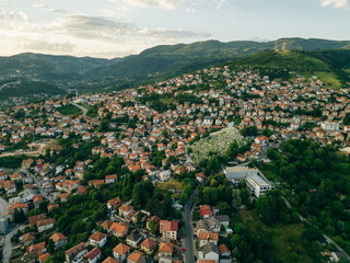 Aerial view of Sarajevo city at sunset in Bosnia and Herzegovina