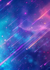 Fototapeta premium A surreal cosmic abstract effect with a gradient background of deep blues to light purples, interspersed with vibrant neon streaks and softly glowing particles, 
