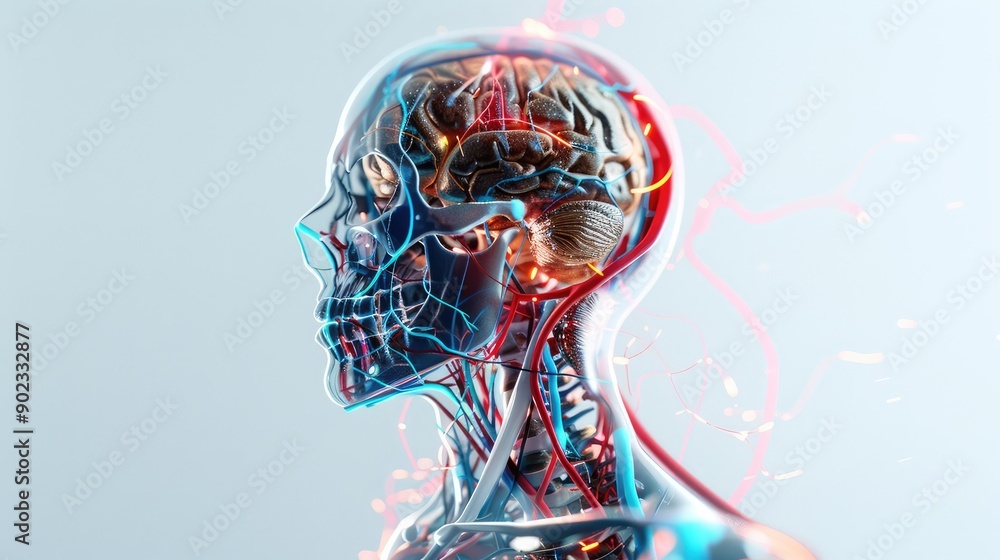 Poster futuristic 3d rendering of human anatomy model with neon highlights on white background in 32k resol