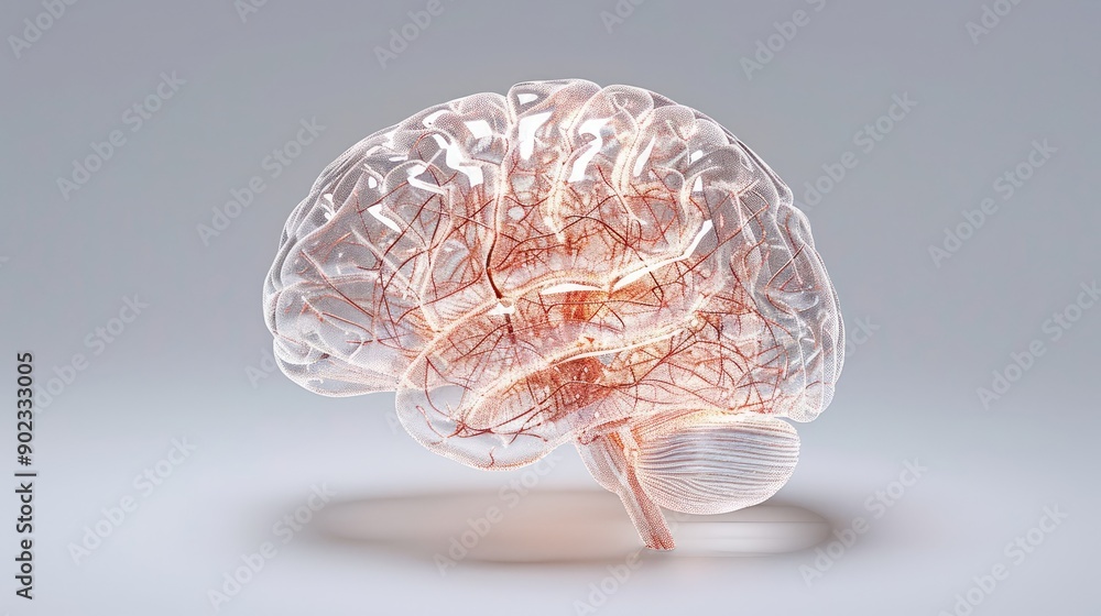 Poster advanced ai-enhanced human brain model with glowing neural pathways on white background in ultra-hd 