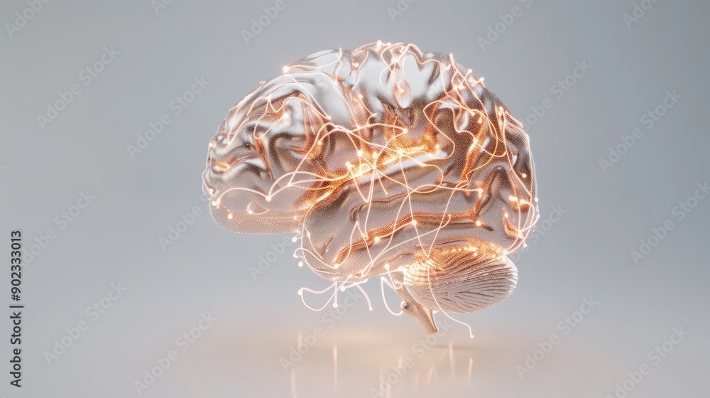 Poster futuristic ai-enhanced human brain model with glowing neural pathways on white background - 3d rende