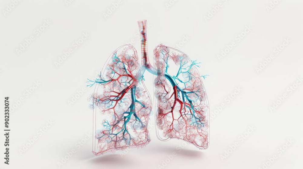 Poster advanced 32k detailed human lung model digital sketch with tech elements on white background in holo