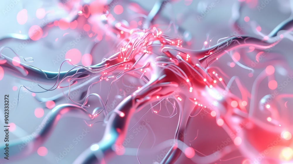 Poster illuminated futuristic nervous system on white background - detailed 3d render with neon pathways in