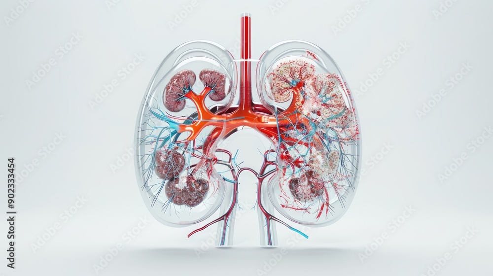 Poster futuristic anatomical model of kidneys in holographic filtration on white background - high resoluti