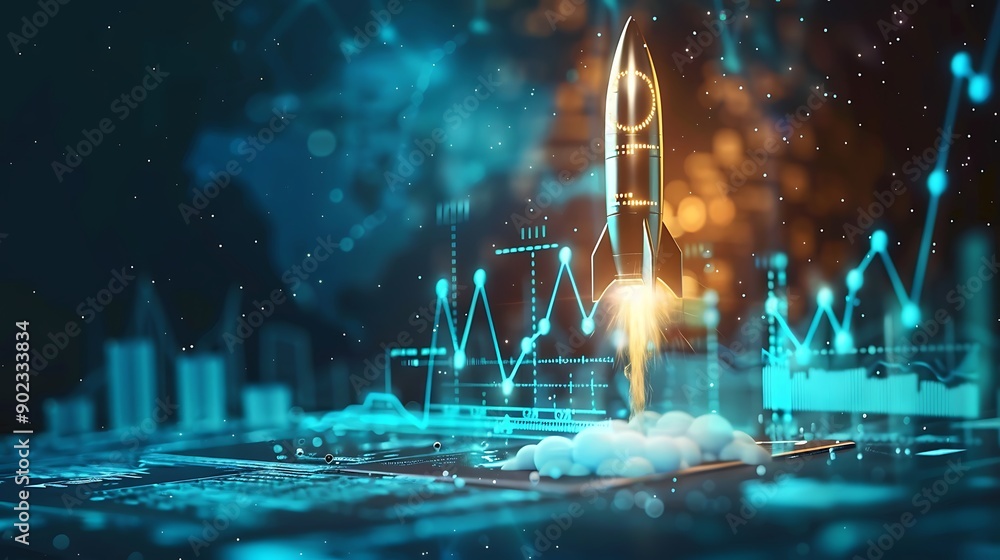Poster rocket launching upwards through a futuristic background of glowing charts and data, symbolizing bus