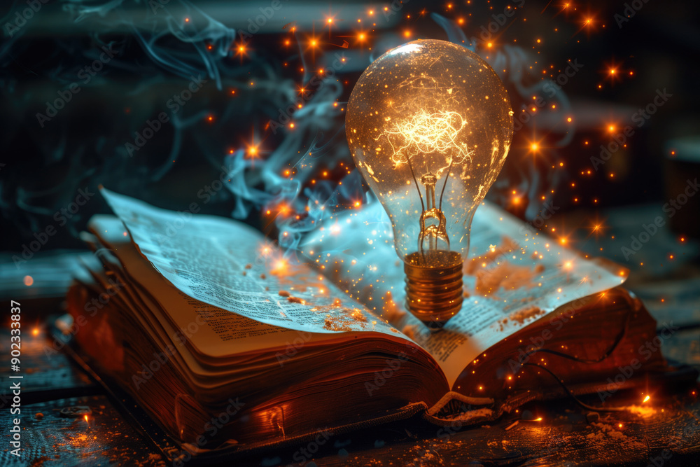 Poster glowing lightbulb illuminating an open vintage book with magical sparkles and smoke effect. concepts