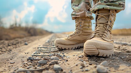 Close-up of military boots on a rugged path, showcasing strength and resilience in challenging environments.