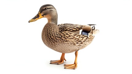 Obraz premium A beautiful duck is standing on a white background. The duck is looking to the left of the frame. The duck has brown and white feathers.