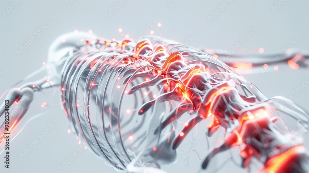 Poster futuristic 3d human spine with glowing neural pathways on white background in 32k resolution, genera