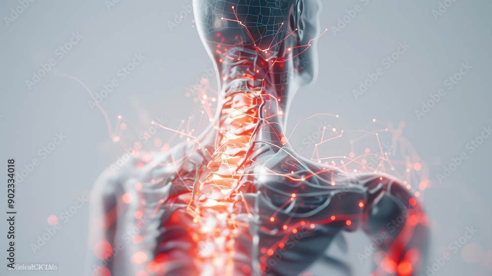 Poster futuristic 3d human spine with glowing neural pathways on white background in 32k resolution, genera