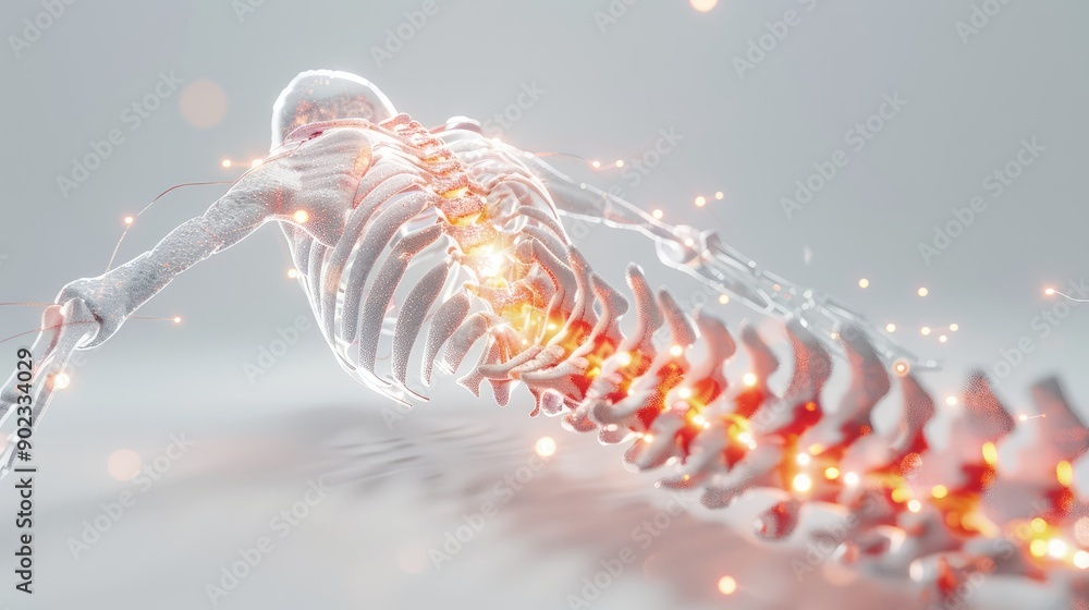 Poster futuristic human spine with glowing neural pathways on white background in 32k 3d rendering, generat