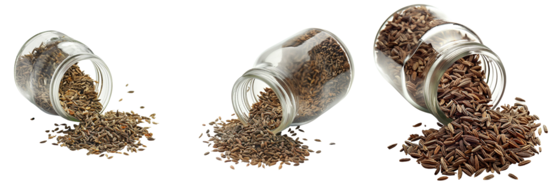 Set of A glass jar tipped over with cumin seeds spilling out isolated on transparent background