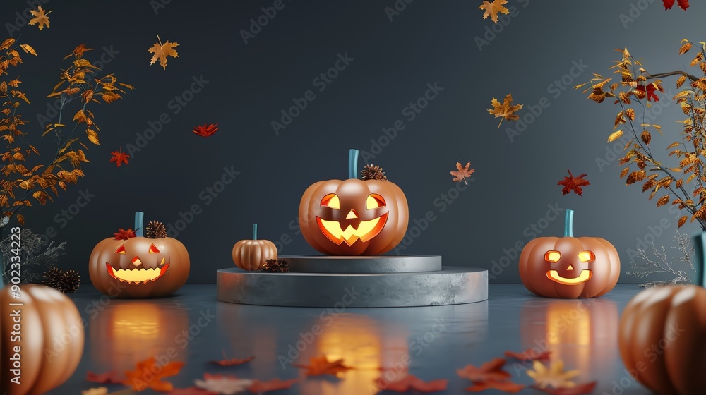 Poster this is a 3d rendering of a halloween scene. there are three pumpkins on a podium, each with a diffe