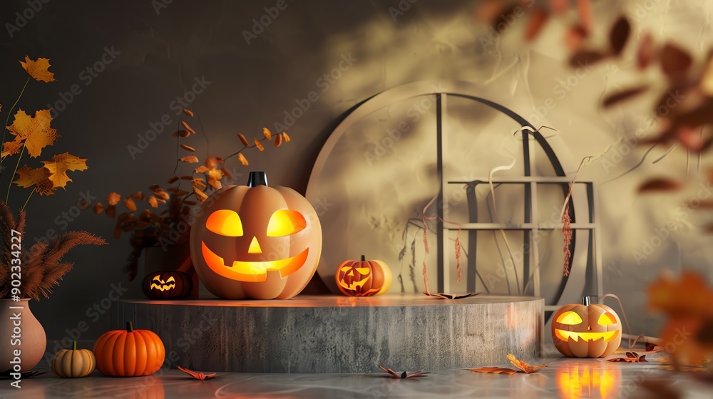 Poster this is a 3d rendering of a halloween scene. there are four pumpkins on a wooden table. the backgrou