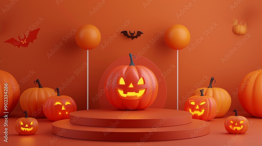 Poster 3d rendering of a halloween-themed background with a jack-o'-lantern on a podium surrounded by bats 