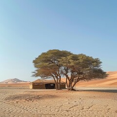 Naklejka premium Small camp with trees in the middle of Arabian desert. Oasis in Wahiba Sands, Oman. Hot day in the dunes of Arabian peninsula