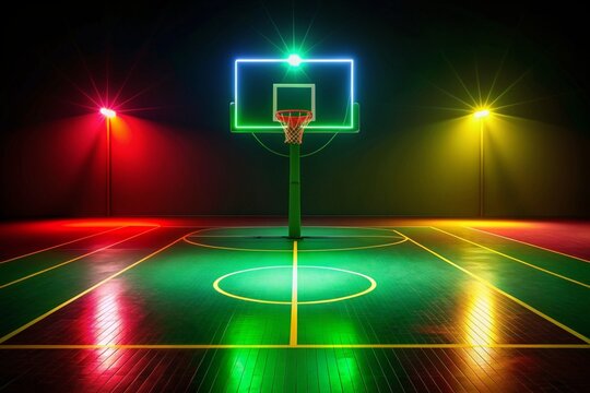 Neon basketball court glowing on a dark background in red, yellow, and green colors, light, red, green, recreation, court lines, fluorescent, yellow, abstract, cool, urban - Powered by Adobe