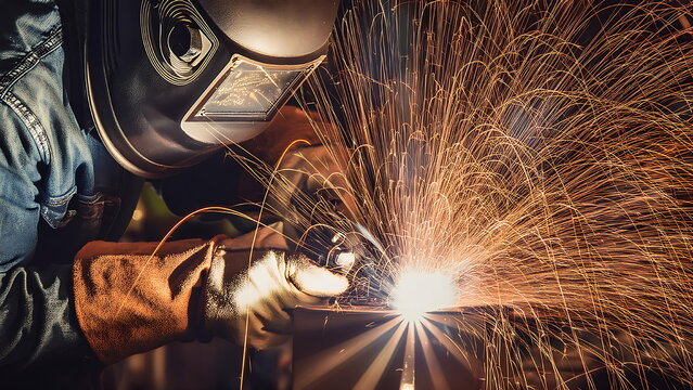 Welder in Protective Gear Working on Metal with Sparks Flying