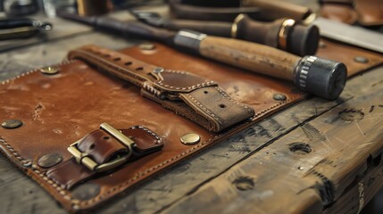Rustic Handmade Leather Craftmanship. Genuine leather products. Vintage retro style.