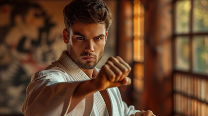 Focused man in karate gi performing punch in traditional dojo with warm lighting. Concepts of martial arts discipline, training, and determination.