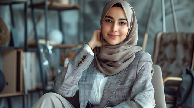 Elegant professional woman with a hijab in a gray suit and white shirt, smiling warmly while sitting in a chair, highlighting a sophisticated and inviting appearance