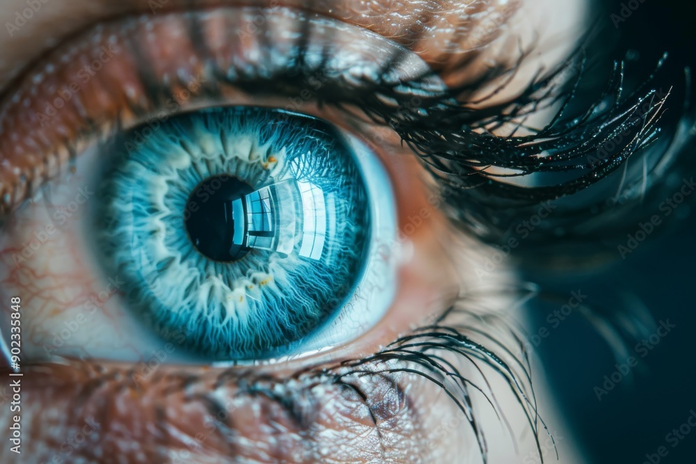 Poster blue eye with reflections of digital lights representing the fusion of human vision and advanced tec
