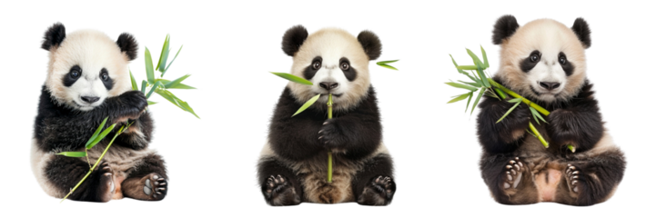 Set of A cute and cuddly panda bear holding a bamboo shoot isolated on transparent background  (4)
