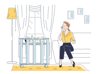 Tired mother with baby. Sad young girl looks at her crying son. Depression and frustration, emotional burnout. Maternal postpartum syndrome. Linear vector illustration isolated on white background