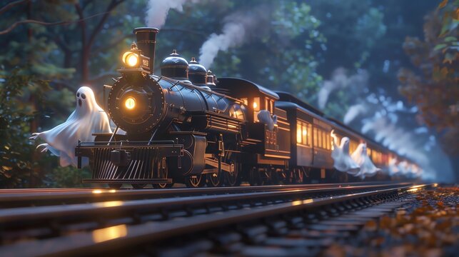 A 3D cartoon haunted train with ghost passengers, Halloween,