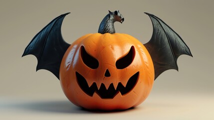 Fototapeta premium A 3D cartoon pumpkin with bat wings, Halloween,
