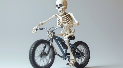 A 3D cartoon skeleton riding a bike, Halloween,