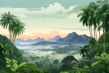 Lush green tropical rainforest landscape with misty mountains at dawn, cut out