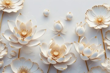 3D rendering group white lotus flowers gold accents Golden leave