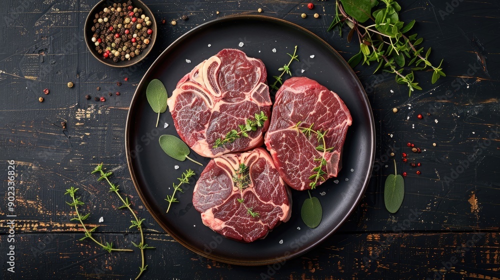 Canvas Prints raw beef osso bucco with herbs and spices on dark wood table marbleized meat overhead view