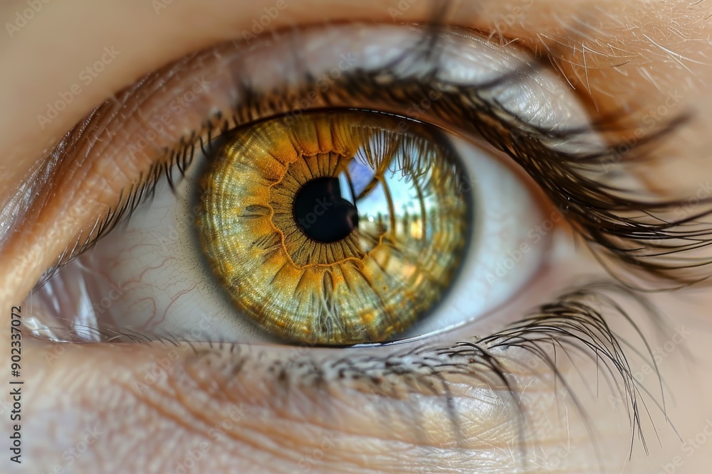 Poster close up of a golden eye with intricate details emphasizing sharp vision and the integration of natu