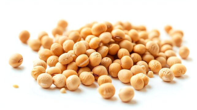 **Image description:**  A pile of soybeans on a white background. The soybeans are tan and round, and they are all in focus.