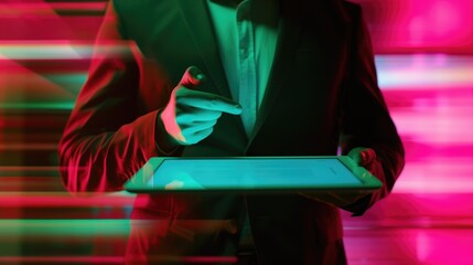 Businessperson in suit using tablet with vibrant neon lights and motion blur effect. Concepts of technology, digital transformation, and modern business environments.