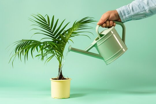 Riego de una planta en maceta con una regadera de metal en un fondo verde